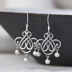 BOCAI real S925 pure silver jewelry vintage Thai silver female earrings matte auspicious Chinese knot tassel earrings 240408