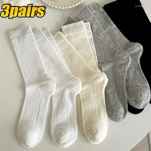 Women Socks 1-3pairs Cotton Medium Tube Knitted Loose Crew Long Casual Sock Black White Soft Solid Color Breathable Spring Gifts