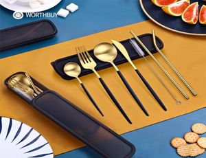 WORTHBUY Gold Cutlery Set Portable Travel Flatware Stainless Steel Silverware Kitchen Knife Fork Spoon Tableware Dinnerware 2202236133977