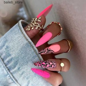 False Nails 24Pcs long stiletto False Nails Wearable Almond Fake Nails Pink Leopard Print Design Bright color Full Cover Press on Nails Y240419 Y240419