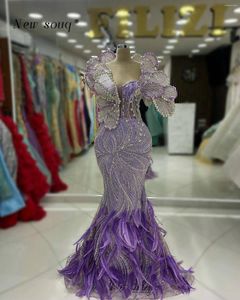 Party Dresses Special Design Lilac Purple Feathers Long Mermaid Evening Dubai Crystals Fantastiska evenemangsklänningar Maxi Vestidos Women