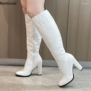 Boots Ronticool Handmade Women Winter Knee Faux Leather Side Zipper Chunky Heels Round Toe Pretty White Shoes Plus US Size 5-20