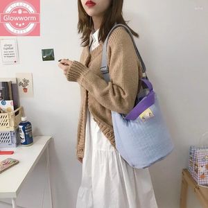 Bag 2024 Cotton Bucket Striped Quilting Design Shoulder Bags Drawstring Small Tote Warm Canvas Hangbag For Ladies