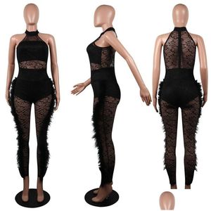 Basic Casual Dresses Plus Size Women Feather Sheer White Black Jumpsuits Fashion Mesh Bodysuits Y Skinny Leggings Sleeveless Overalls Dh4Wr