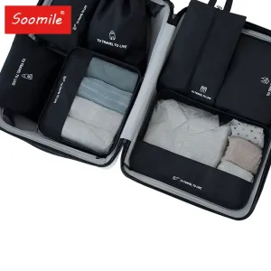 Väskor Packing Cube 7st Set Black Travel resväska förvaringsväska för kvinnor kläder sko arrangör kompressionsbagage underkläder tvättväska