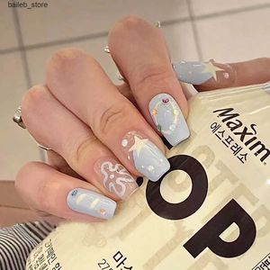False Nails 24pcs Sweet Ligh Blue False Nails with Star Printed Korean Fresh Cloud Fake Nail Tips for Girl Women Werable Full Cover Manicure Y240419 Y240419