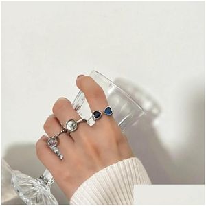 Cluster Rings Weiyue S925 Sterling Sier Blue Zircon Ring Female Retro Fashion Heavy Industry Open Hip Hop Index Party Gift Drop Delive Dh1RR