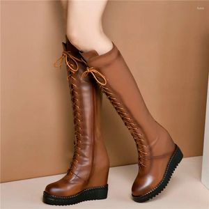 Boots 2024 Women Lace Up Genuine Leather Wedges High Heel Knee Female Winter Warm Thigh Platform Fashion Sneakers