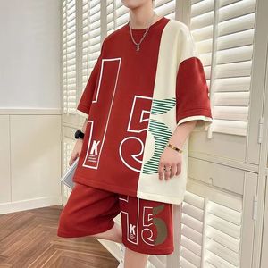 Mens TShirt Shorts 2Piece Set 2024 Red Tracksuit Korean of Harajuku High Street Clothing Creative Pattern Short Suit 240411