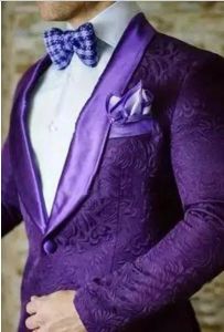 Tuxedos New Arrival Groomsmen Shawl Purple Lapel Groom Tuxedos One Button Men Suits Wedding/Prom Best Man Blazer（ジャケット+パンツ+弓タイ）