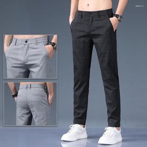 Men's Pants 2024 Spring And Summer Skinny Business Plaid Straight Thin Casual Elastic Waist Tight Suit Trousers