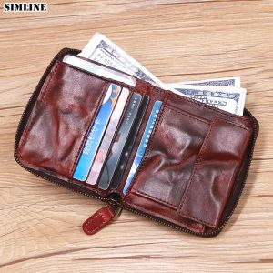 Carteiras carteira de couro genuíno para homens mulheres mulheres cheiro vintage zíper curto à mão em torno do suporte para cartões de bolsa masculino com bolso de moeda