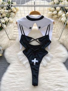 Sirrey Backless Hollow Out Sensual Playsuits Lingerie Erótica Mulheres Camis Slim Bodysuit Shawl Set Summer Sheer Rompers 240419