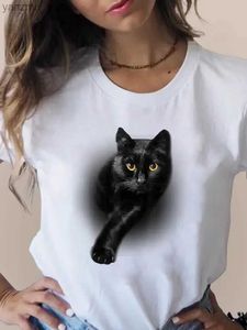 Женская футболка плюс размер печати T-Fashion 3D Cat Lovely Trend Mite Женская одежда короткая одежда Slve Летние футболки Ladies Graphic T Y240420