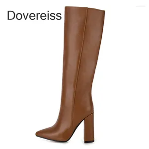 Botas dovereiss Winter Women Moda Blue Brawn Slip Branco em saltos grossos Sexy Ladies Knee High Big Size 42 43