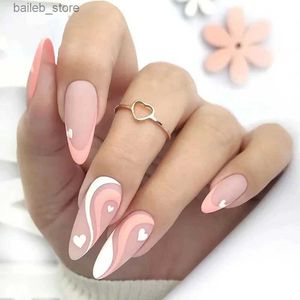 False unhas 24pcs acabadas pressione as unhas simples brancas francesas falsas unhas amêndoas unhas falsas com designs de flores dicas de unhas de brilho y24041935WN