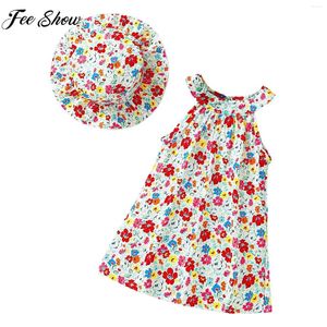 Mädchenkleider Baby Girls Sommer Casual Beach Kleider ärmellose Halfter Blumendruck Bohemian Sundress mit Sunhat für die Schule täglich Kleidung