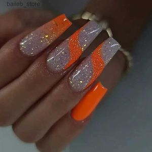 False Nails 24Pcs Long Ballet Shiny Orange False Nails with Sequins Gradient Stripe Design Press on Nails Art Wearable Coffin Fake Nail Tips Y240419