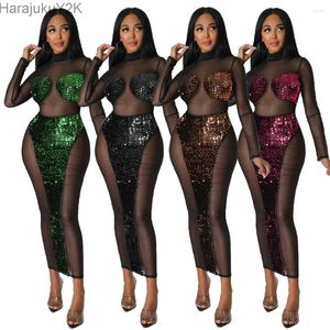 Sukienki swobodne kobiety Turtleeck Cearów MESH Patchwork Dress Sexy See Through Bodycon 2024