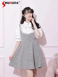Vestidos casuais colarinho doce colarinho de laca de meia manga primavera 2024 estilo japonês elástico fofo de cintura alta curta para mulheres