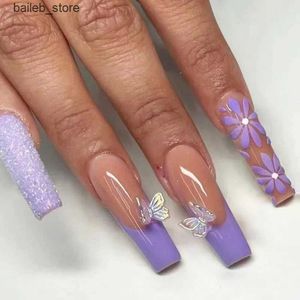 偽の爪24％長い紫色のバレエ偽爪蝶のデザインウェアラブルフェイクネイルグリッタープレスプレス爪のヒントART Y240419 Y240419
