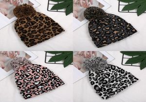 Leopard Print Knit Cap Women Pom Pom Ears Winter Warm Hat Beanie DoubleLayer Wool Ball Caps 4 Styles2949002