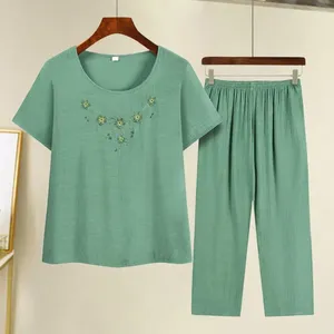 Women's Two Piece Pants 2Pcs/Set Cotton Linen Middle-aged Casual Tops Sets Embroidery Flower Print O-neck Short Sleeve Wide Leg Mother