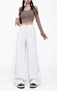 Women's Jeans Korean Version White Women Vintage Leisure Time Fold High Waist Straight Wide Leg Denim Pants 2024 Niche Streetwe