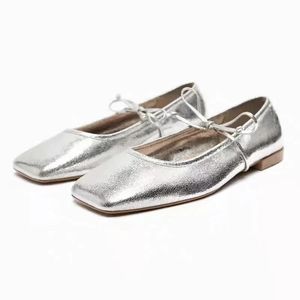 ZA Women Shoes Square Head Silver Bow Flat Bottom Ballet Shoes French Baotou Mary Jane Sandals For Women Flat Shoes 240411