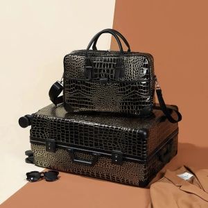 Sets neue Männer Crocodile Print Aluminium Frame Gepäcksets Kabinen Reisetaschen Geschäft großer Kapazitätstrolley -Koffer mit Handtasche