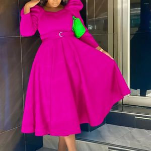 Casual Dresses Autumn Winter Fashion Elegant Bubble Sleeve Party Dress African Women Solid Round Neck Long Belt A-line