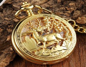 Luxury Golden Flower Deer Carving Design Mechanical Pocket Watch FOB Midja kedja ihålig Steampunk Skeleton Hand Vind Mens Clock7483663