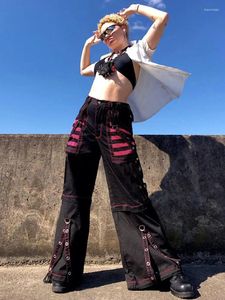 Spodnie damskie gotycka łańcuch bandaż z szeroką nogą kobiety niskie rise ciemne akademickie spodnie streetwear 90s workowate pant punkowe styl