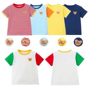 男の子服ミキキッズガールプレーンカラーシンプルな漫画hbベアヘッド半袖ストライプTシャツ240410