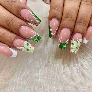 Falska naglar 24 st m-längd Ballet Coffin False Nails With French Design Form Cow Print Rhinestones Wearable Fake Nails Press On Nails Tips Y240419