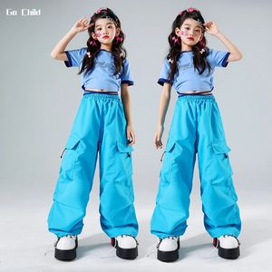 Hip Hop Kids Crop Top Street Dance Blue Cargo Pants Girls Streetwear Lovely Outfits Child Jazz Cheerleader Costumes Clothes Sets 240418