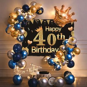 40th Birthday Party Decorations Gold Blue Metallic Balloons Garland Kit With Backdrops Background For Men Women Party Decor 240419