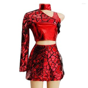 Stage Wear Female DJ Gogo Jazz Dance Team Costume Red Purple Laser Mirror Tops Mini Short Skirt Rave Outfit Nightclub Dancer Performance