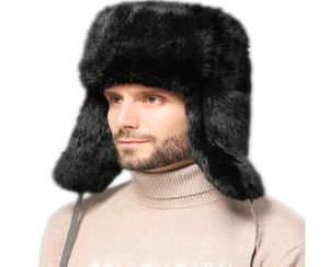 Real Rabbit Fur Trapper Hat Ear flaps Men Russian Ushanka Aviator Hunter Ski Cap9865085