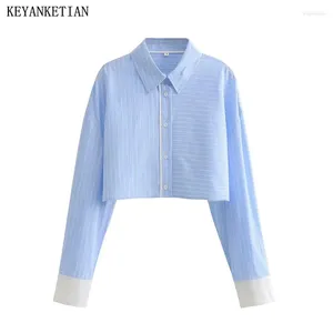 Frauenblusen Keyanketian Herbst Blau Weiß gestreiftes Patchwork Shirt Stylish grundlegend übergroß