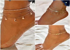 Bohemian Crystal Anklet Set Beads Moon Star Gold Handmade Multilayer Ankel Armband för Women Party Summer Beach Foot Jewelry Leg 5214855