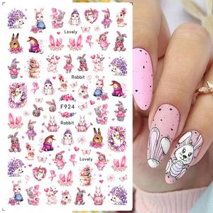 Easter Bunny Nail Stickers Cute Cartoon Rabbit Hjärtblommor Lucky Words 3D Slider Valentine Manicure Accessories 240418