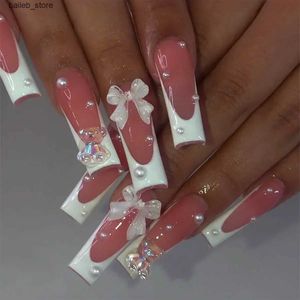 False Nails 24pcs 발레 전체 커버 가짜 손톱 꽃 나비 디자인이있는 모조 다이아몬드와 같은 손톱 웨어러블 프레스 손톱 매니큐어 팁 Y240419 Y240419