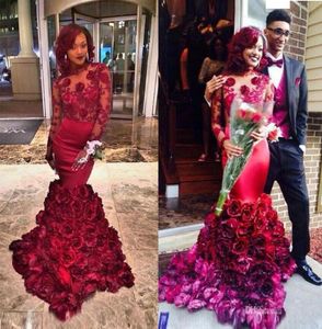 Real Image 2016 Burgundy Mermaid Prom Dresses with Floral Rose Skirt Lace Round Neck Long Sleeve Backless Formal Evening Gowns Pag3656842