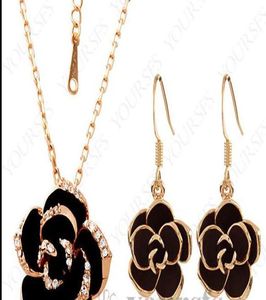 Rose Gold Plated Use Crystal NecklaceEarring Gemstones JewelryFlash Black Flower Pendant Necklace9588265