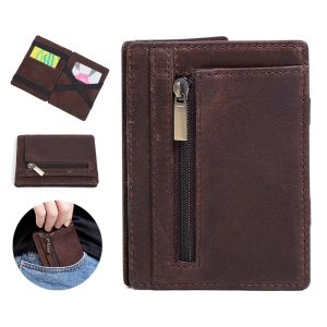 Innehavare 2023 Real Leather Ultra Thin Thin Zipper Coin Pouch Multifunktionell RFID ID Kreditkort Hållare Mens Simple Magic Pocket Small Wallet