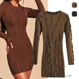 Casual Dresses Stylish Stereo Vision Slim Looking Curve Slim-Fit Tight Edged Round Neck Long Sleeve Fashion Elastic Midje-Tightening Mantel