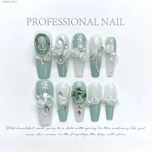 Falska naglar 10st. Ice Crystal Blueberry Handgjorda bärbara falska naglar med lim Långt kista Press på nagel False Nail Supplies för professionell Y240419