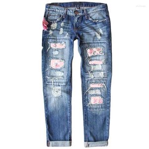 Dżinsowe dżinsy dżinsowe spodnie rozryte swobodne luźne spodnie kwiatowy nadruk dżins dla Bulift High talia