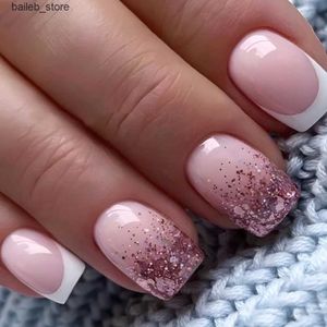 Fałszywe paznokcie 24pcs Krótki biały krawędź Fałsz paznokcie proste różowe brokat z kryształkami francuski